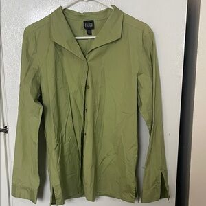 Eileen Fisher Women’s Medium Olive Green Button-Up‎ Collared Cotton Blouse